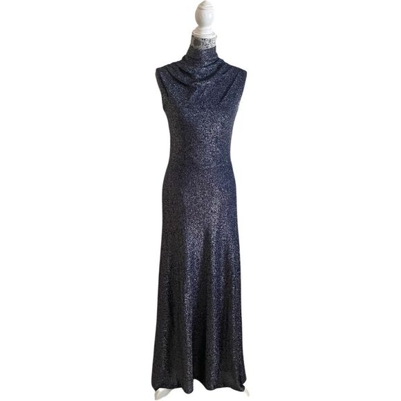 Vintage 1970s Sparkly Draped Mock Neck Maxi Dress Navy Blue - Picture 2 of 10